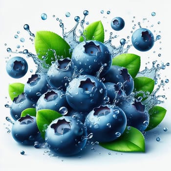 Fresh, blueberries with green leaves and drops of water in dynamic movement, emphasizing the freshness, liveliness and attractiveness of the fruit.