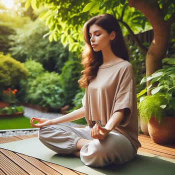 A moment of peace: a young woman meditates cross-legged in the greenery, surrounded by plants and flower pots. Ideal for advertising wellness, nature and mindfulness.