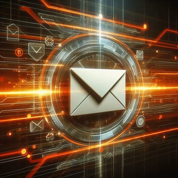Futuristic digital e-mail transmission: Glowing envelopes float above a circuit board with fast, orange data streams. Ideal for technology themes!