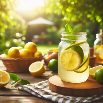 A refreshing glass with lemon and lime slices, mint leaves and a straw, framed by fresh fruit in a sunny garden.