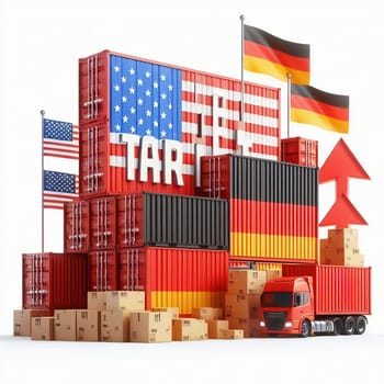 Container with flags of the USA and Germany. “TRADE” symbolizes international trade, growth and customs duties. Perfect for business pictures!
