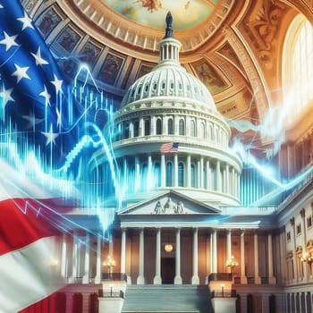Symbolic image: The Capitol in front of stock market charts and financial data, showing the connection between politics and economics. Perfect for economic policy content!