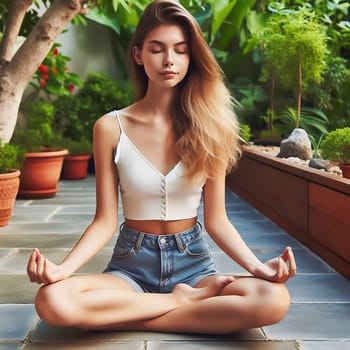 A moment of peace: a young woman meditates cross-legged in the greenery, surrounded by plants and flower pots. Ideal for advertising wellness, nature and mindfulness.
