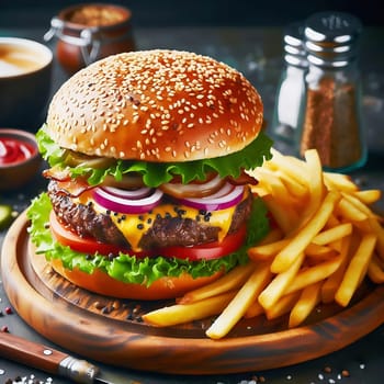 Juicy cheeseburger with crispy lettuce, tomatoes, gherkins and caramelized onions, served with golden fries on a rustic wooden board.