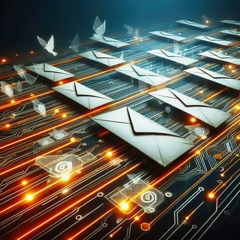 Futuristic digital e-mail transmission: Glowing envelopes float above a circuit board with fast, orange data streams. Ideal for technology themes!