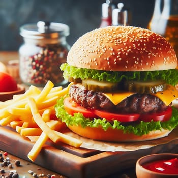 Juicy cheeseburger with crispy lettuce, tomatoes, gherkins and caramelized onions, served with golden fries on a rustic wooden board.