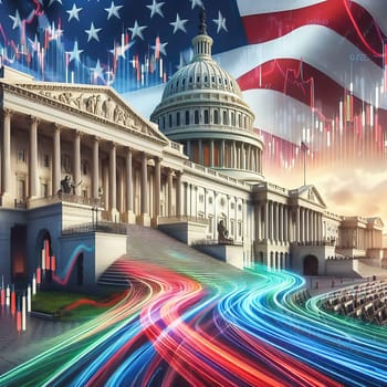 Symbolic image: The Capitol in front of stock market charts and financial data, showing the connection between politics and economics. Perfect for economic policy content!