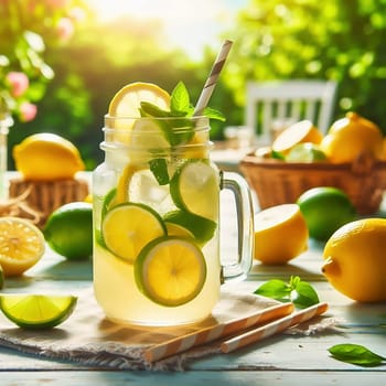 A refreshing glass with lemon and lime slices, mint leaves and a straw, framed by fresh fruit in a sunny garden.