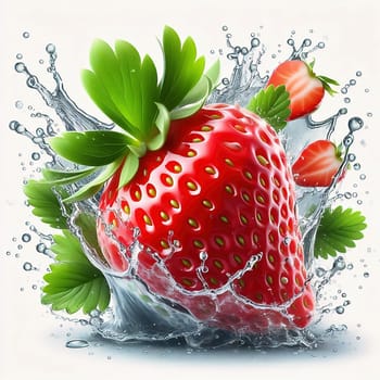 Fresh strawberry with green leaves, surrounded by splashing water. Vivid colors and dynamic movement make the image ideal for advertising and food marketing.