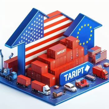 Container with flags of the USA and the EU. “TRADE” symbolizes international trade, growth and customs duties. Perfect for business images!