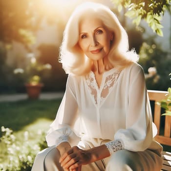 Senior woman in white blouse and trousers, surrounded by nature in the golden sunlight. Perfect for themes such as fashion, summer, freedom and naturalness!