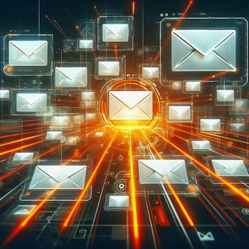 Futuristic digital e-mail transmission: Glowing envelopes float above a circuit board with fast, orange data streams. Ideal for technology themes!