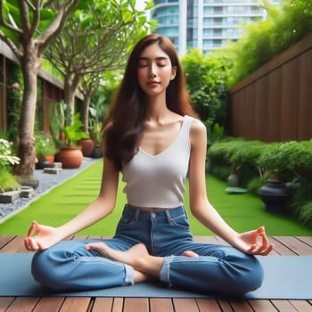A moment of peace: a young woman meditates cross-legged in the greenery, surrounded by plants and flower pots. Ideal for advertising wellness, nature and mindfulness.