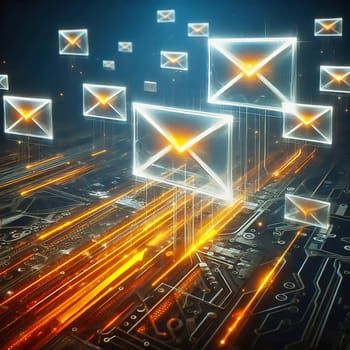 Futuristic digital e-mail transmission: Glowing envelopes float above a circuit board with fast, orange data streams. Ideal for technology themes!