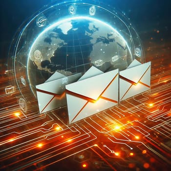 Futuristic digital e-mail transmission: Glowing envelopes float above a circuit board with fast, orange data streams. Ideal for technology themes!