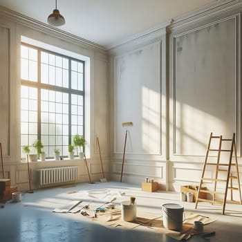 Bright, renovated room with large windows. Painter's ladder, paint bucket and tools indicate a creative makeover. Perfect for renovation themes!