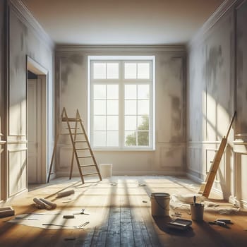 Bright, renovated room with large windows. Painter's ladder, paint bucket and tools indicate a creative makeover. Perfect for renovation themes!