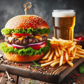 Juicy cheeseburger with crispy lettuce, tomatoes, gherkins and caramelized onions, served with golden fries on a rustic wooden board.