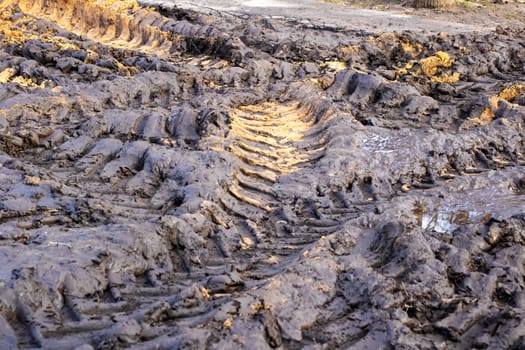 This image features a closeup view of tire tracks embedded in a muddy field, showcasing the effects of movement through the soft, wet soil