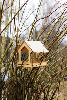 A bird feeder is elegantly hanging from a sturdy tree branch, providing nourishment for the local birds in the area
