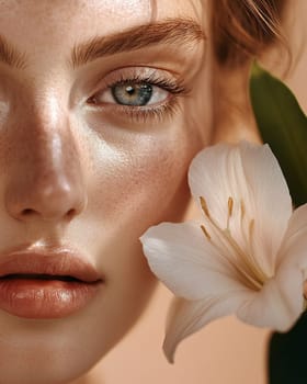 Close-up portrait of a naturally radiant woman skin, delicate freckles, and mesmerising blue eyes, holding a soft flower against a warm, peach-toned background