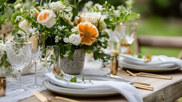 Sunlit tablescapes adorned with delicate floral arrangements, elegant glassware, and fine china. Set in lush gardens, each scene captures the charm of alfresco dining idea