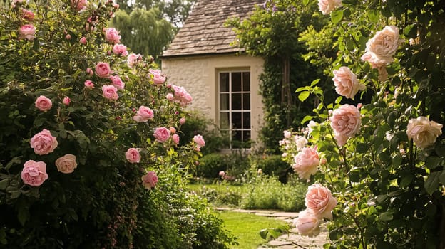 Elegant English gardens, floral arrangements, and refined interiors. Featuring lush greenery, soft textiles, and delicate furnishings, evoking charm, grace, and countryside romance