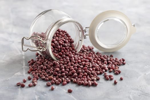 Opened glass jar full of dried azuki beans on gray table closeup. Healthy vegetarian food, legumes protein source. Traditional East Asiancousin ingredient