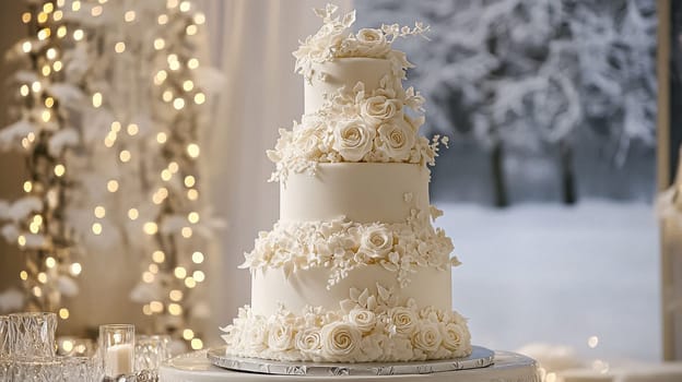 Grand magical winter wedding reception adorned with luxurious decorfation and illumination, creating an enchanting and romantic setting