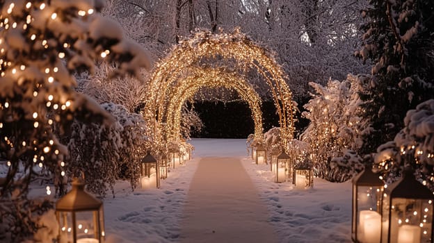 Grand magical winter wedding reception adorned with luxurious decorfation and illumination, creating an enchanting and romantic setting