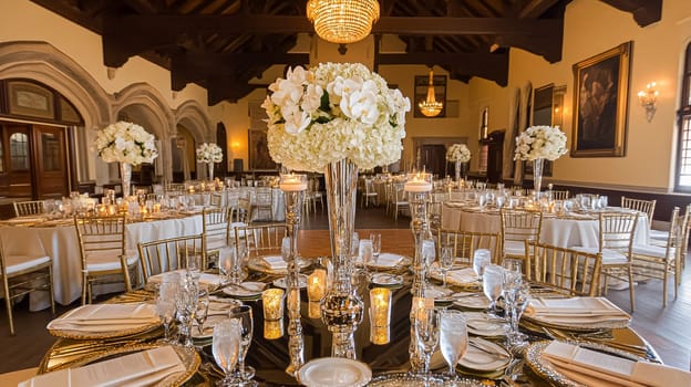 Grand magical winter wedding reception adorned with luxurious decorfation and illumination, creating an enchanting and romantic setting