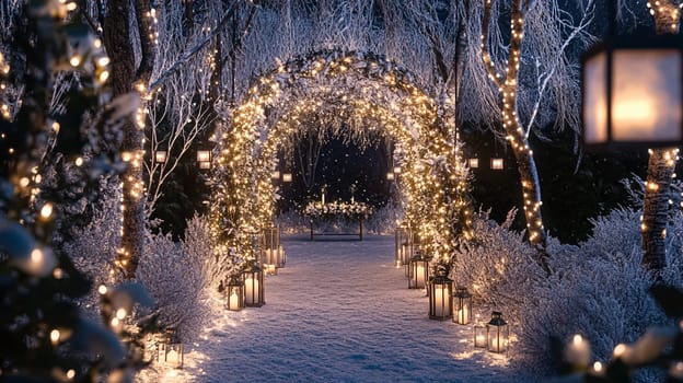 Grand magical winter wedding reception adorned with luxurious decorfation and illumination, creating an enchanting and romantic setting