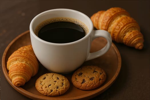 Fresh croissants and cookies with hot coffee on rustic table. AI generation.