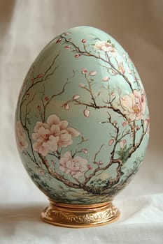 A beautifully handpainted decorative egg featuring stunning cherry blossoms, elegantly set on a gold base