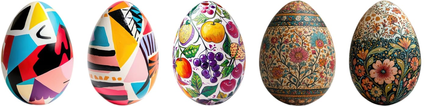 A vibrant display of artistic Easter egg designs with intricate patterns and vivid colors capturing the holiday spirit