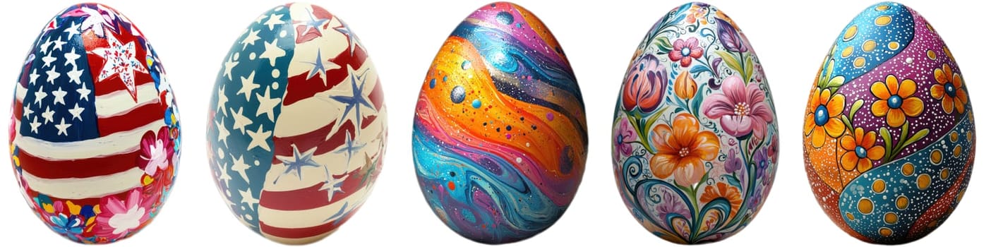 A vibrant and eyecatching display of beautifully decorated Easter eggs that showcase intricate artistic designs