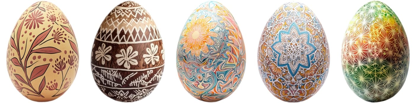 A vibrant display of beautifully designed, colorful Easter eggs showcasing unique patterns and craftsmanship
