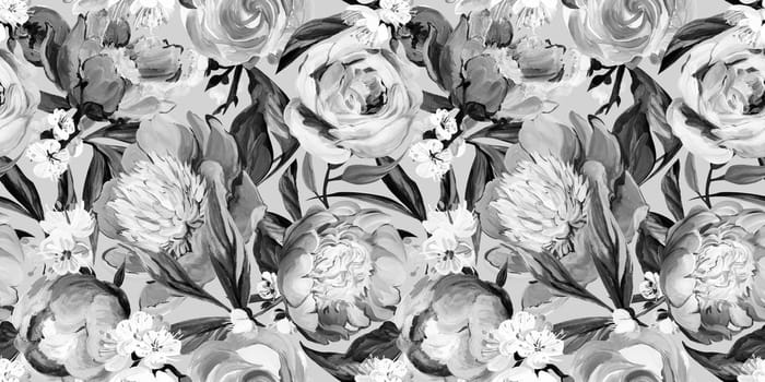 Seamless monochrome spring pattern drawn in gouache with pink peonies for trxtile