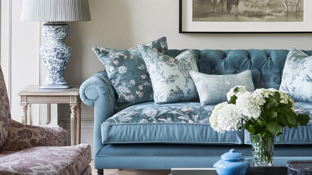 Elegant English interiors, featuring rich fabrics, delicate floral patterns, and timeless decor with a romantic and sophisticated atmosphere