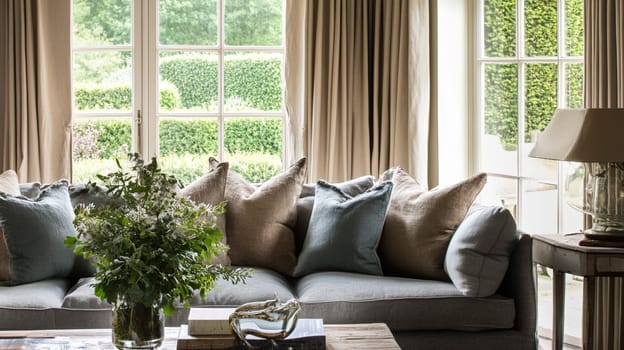 Elegant English interiors, featuring rich fabrics, delicate floral patterns, and timeless decor with a romantic and sophisticated atmosphere