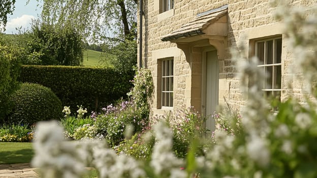 Grand and refined English countryside home, featuring timeless architectural elegance, manicured gardens, and charming details that exude sophistication and heritage idea