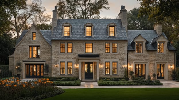 Grand and refined English countryside home, featuring timeless architectural elegance, manicured gardens, and charming details that exude sophistication and heritage idea