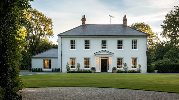 Grand and refined English countryside home, featuring timeless architectural elegance, manicured gardens, and charming details that exude sophistication and heritage idea