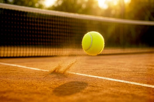 a tennis ball bouncing on a clay court at sunset, with dust rising in the warm light. Symbol of motion, focus, and energy.