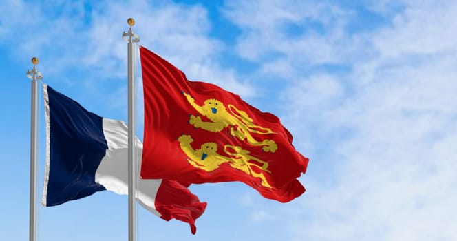 High-quality 3D render of the Normandy regional flag and French national flag waving together. Symbol of heritage, identity, and pride in northern France