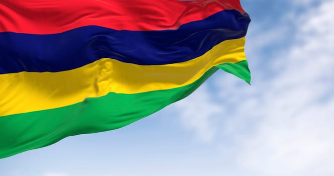 High-resolution 3D render of the Mauritian flag fluttering in the wind. Symbol of national pride, independence, and vibrant island identity. Perfect for editorial, travel, and educational use.