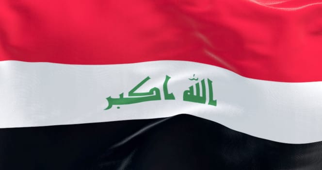 High-resolution 3D render of the Iraqi national flag waving with Arabic Takbir text. Symbol of patriotism, freedom, Arab culture, and national identity. Ideal for editorial and political use