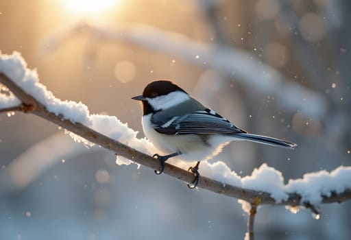 A black-capped chickadee rests on a snow-covered branch, bathed in soft sunlight, creating a peaceful winter scene.