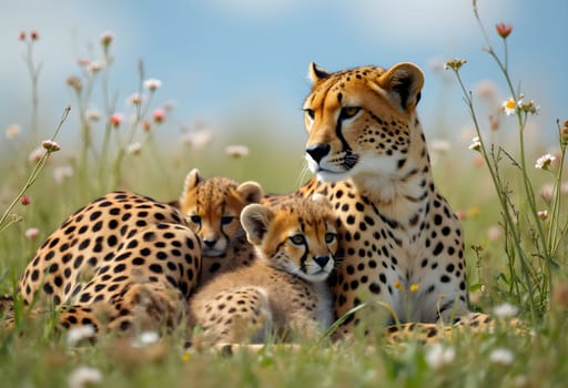A cheetah mother and her playful cubs rest in tall spring grass, surrounded by wildflowers and a clear blue sky.