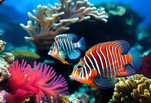 A vibrant coral reef showcasing rare marine species like mandarin fish and lionfish thriving in their natural, colorful habitat.
